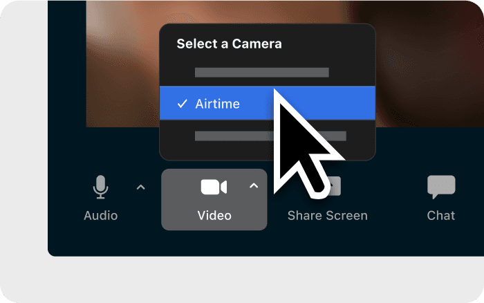 Meeting UI showing the Airtime virtual camera on the camera options menu