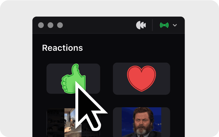 Airtime UI showing the Reactions options
